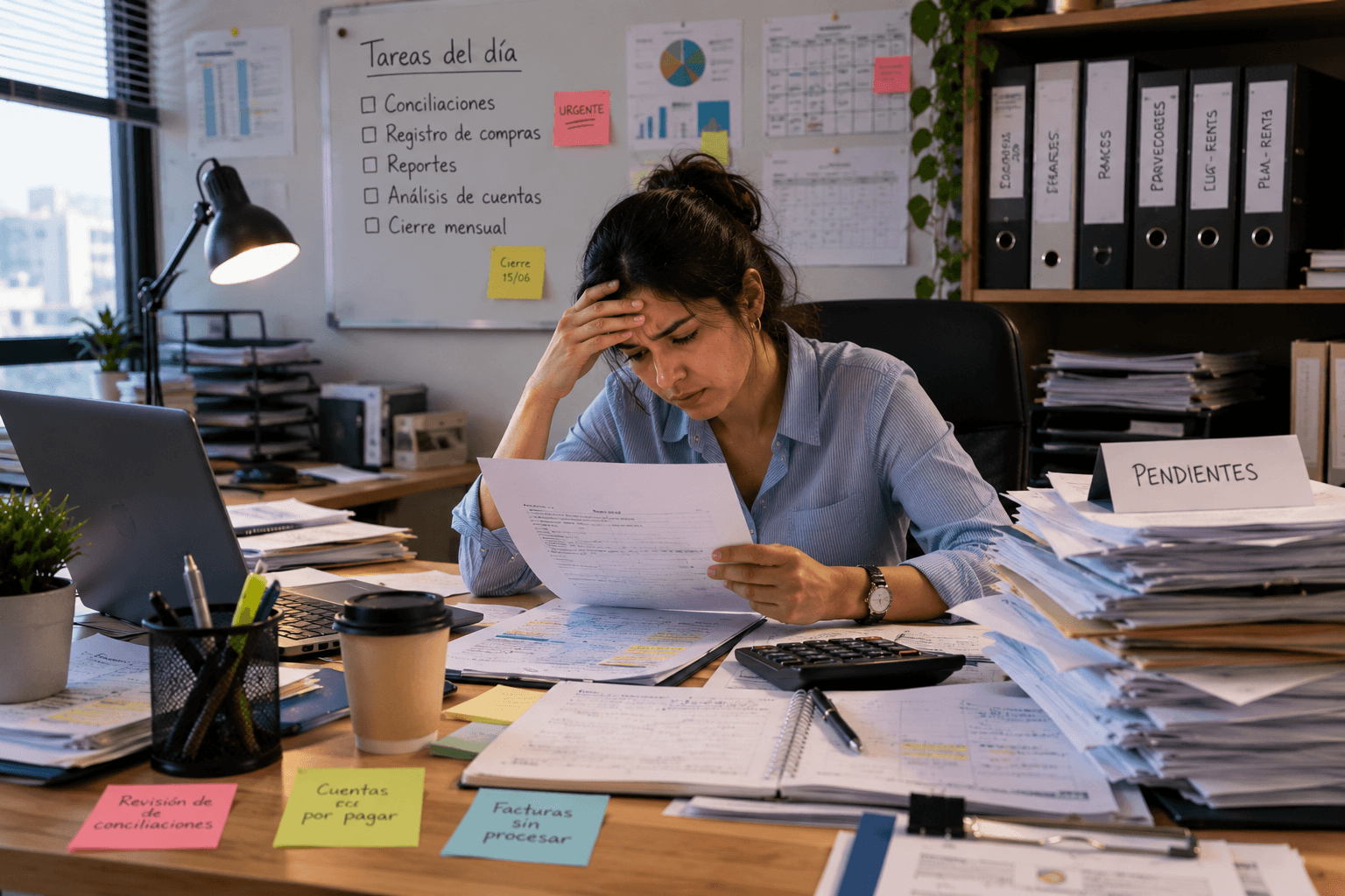 Un estudio contable revisando a mano los buzones SUNAT, SUNAFIL y los recibos por honorarios de muchos clientes